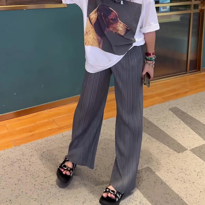 必入简约纯色褶皱基本裤灰色裤子