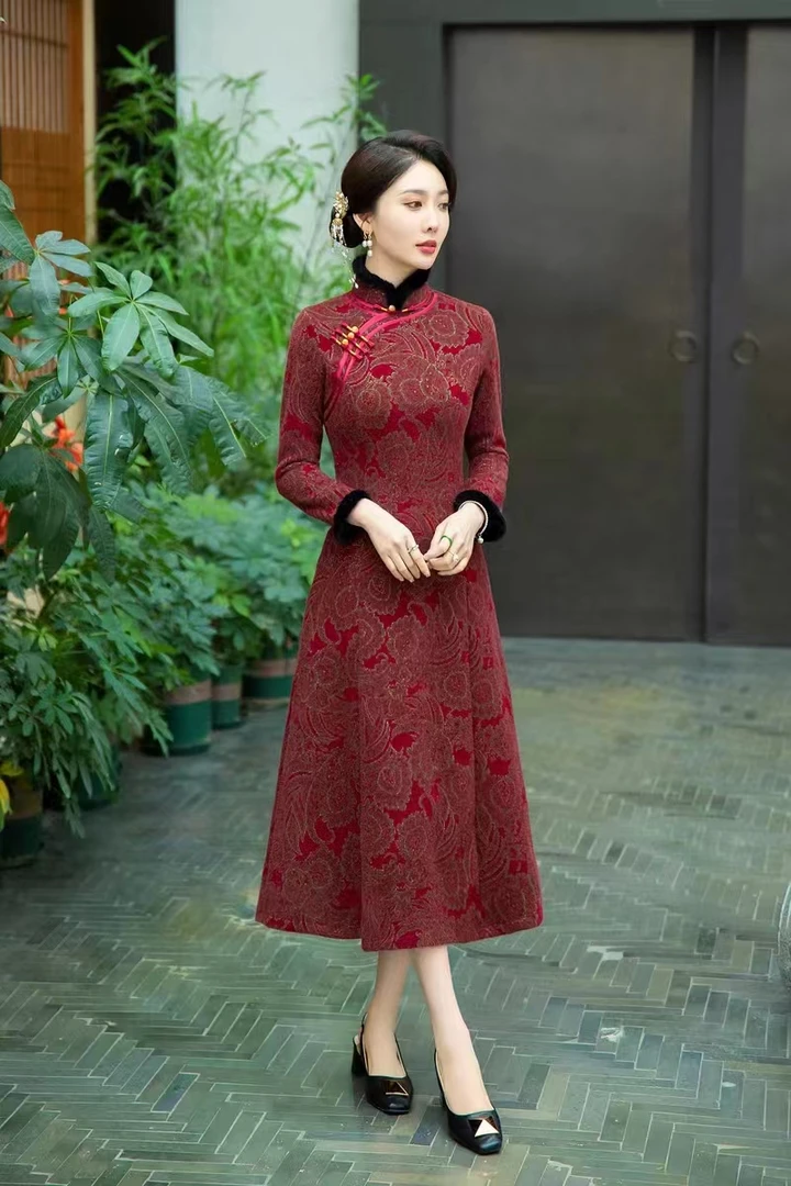 朝花 冬款气质文艺国风复古优雅奥黛改良旗袍