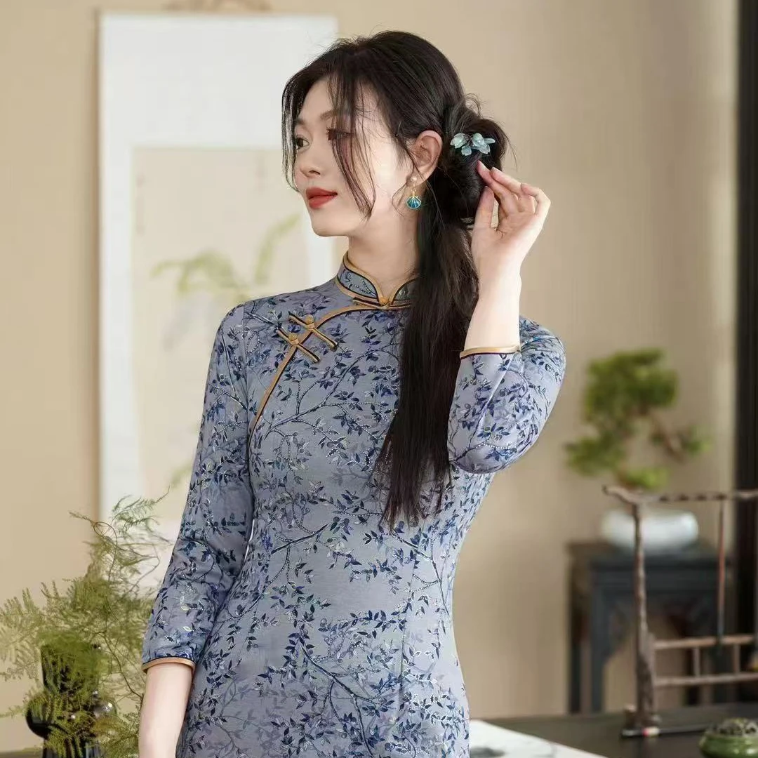 蓝颜 早秋新款日常气质文艺优雅长款旗袍