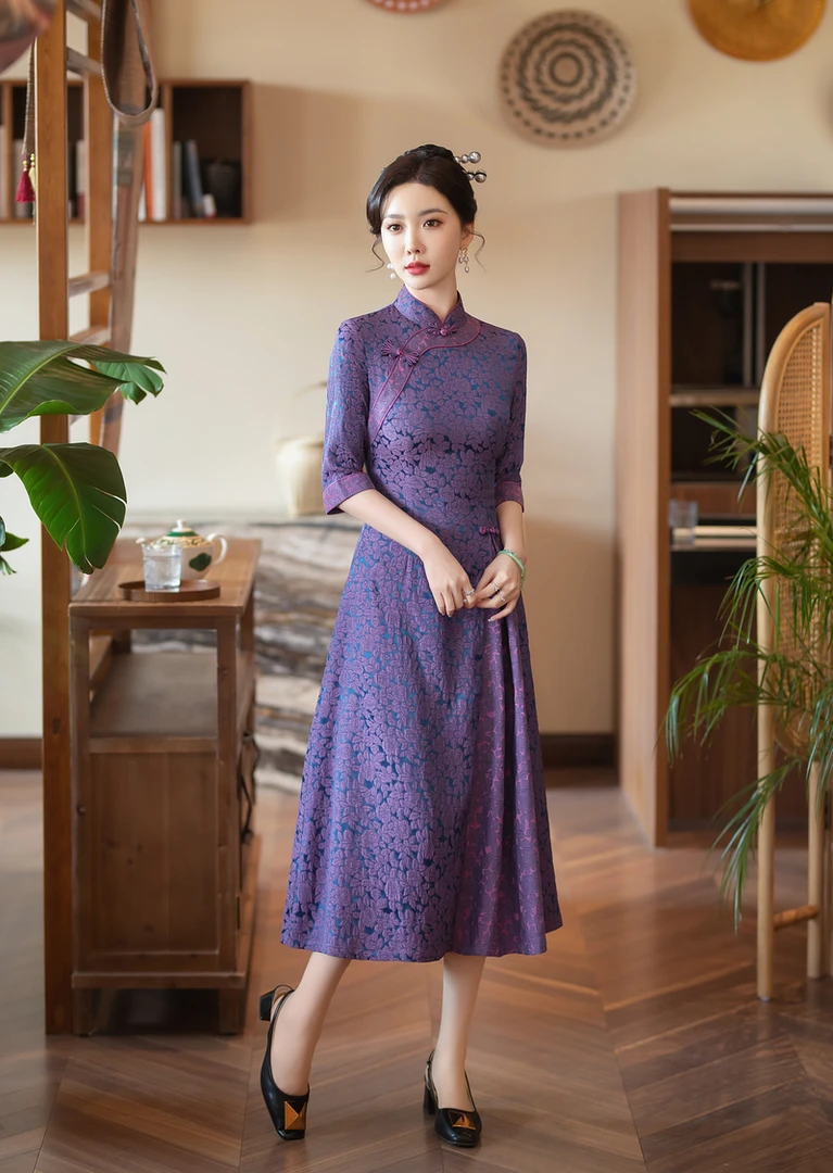 紫霞 日常气质文艺显瘦花扣国风改良旗袍
