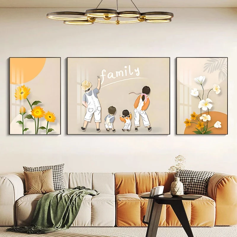 一家四口客厅装饰画现代简约沙发背景墙挂画温馨壁画奶油风三联画