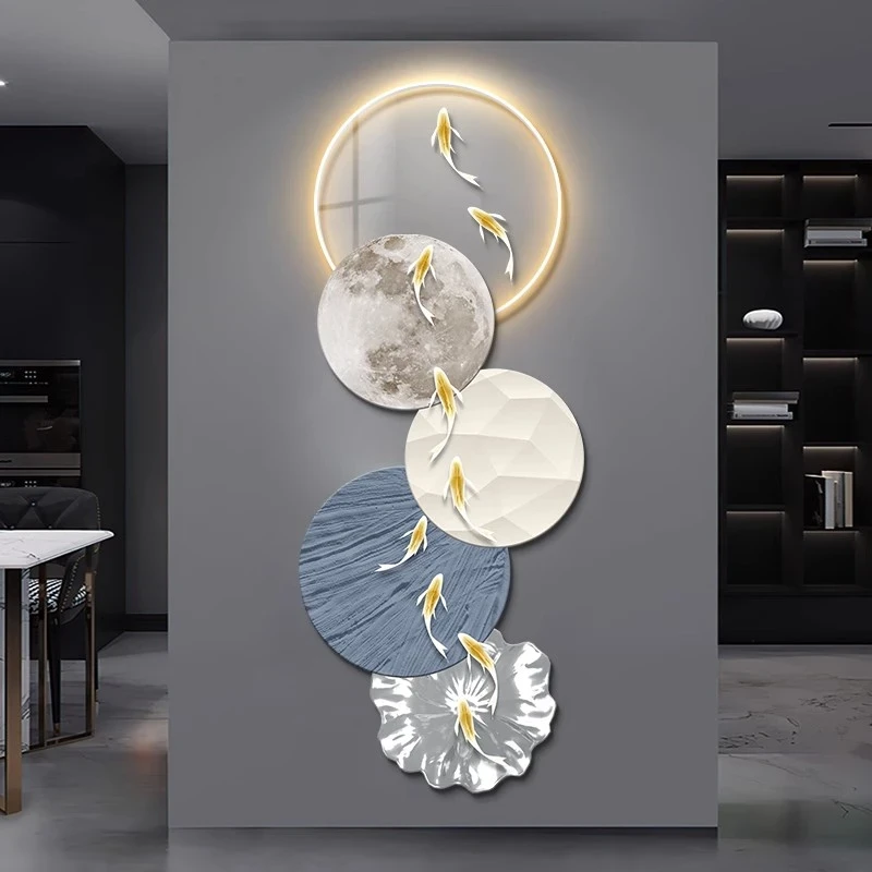 九鱼图入户玄关装饰画正对门轻奢客厅走廊过道挂画带灯壁画墙面