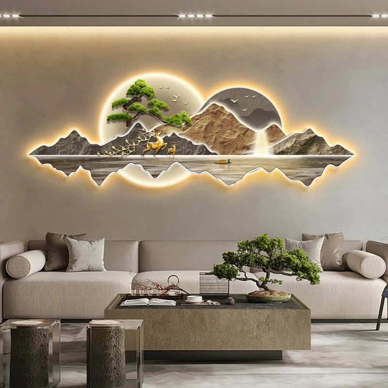 新中式客厅装饰画迎客松灯画轻奢沙发背景墙山水麋鹿挂画带灯壁画