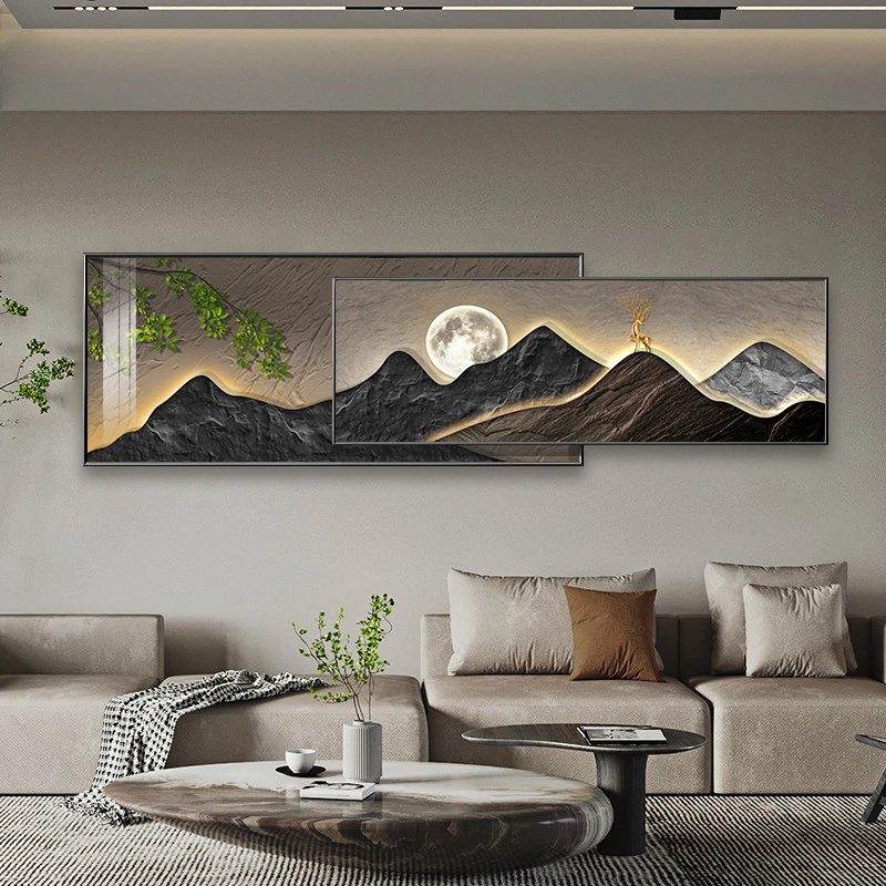 现代轻奢客厅装饰画高级感壁画背有靠山沙发背景墙挂画金山抽象画