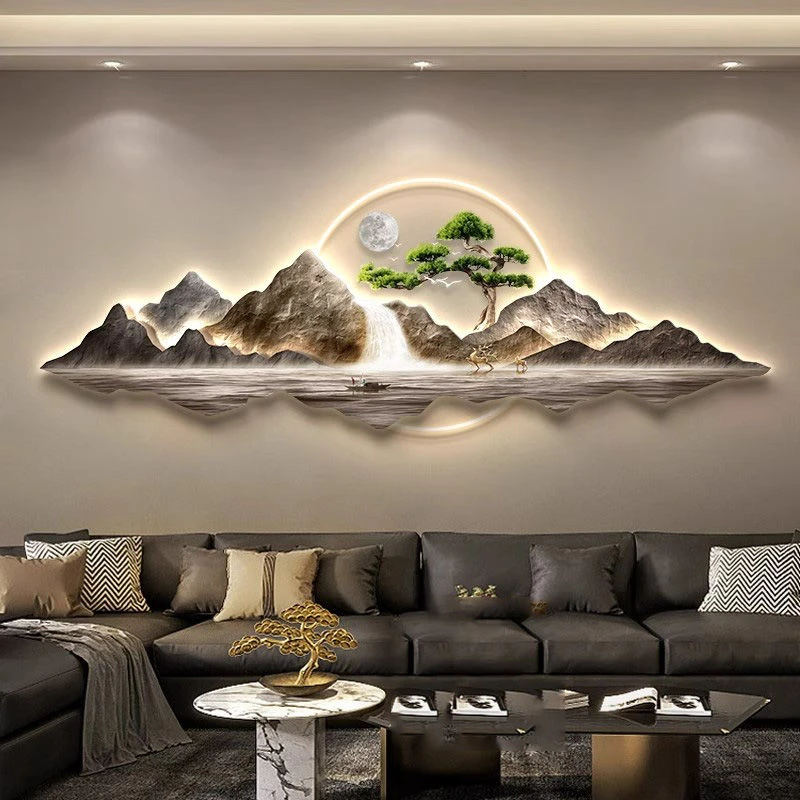 流水生财客厅装饰画轻奢高档沙发背景墙壁灯画新中式大气山水挂画