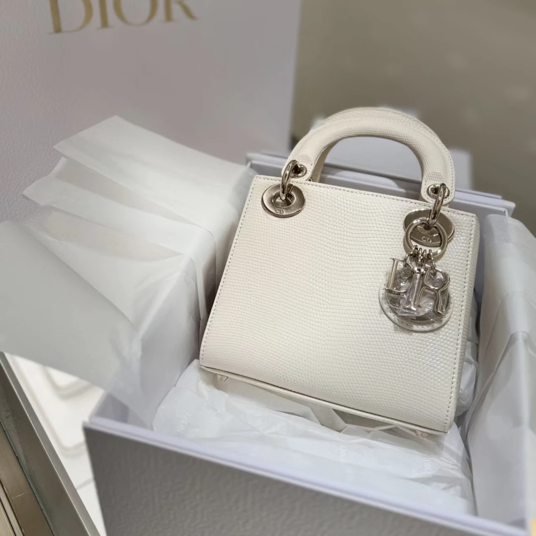 99新 DIOR/迪奥 戴妃三格白金蜥蜴皮 手提斜挎包/优品
