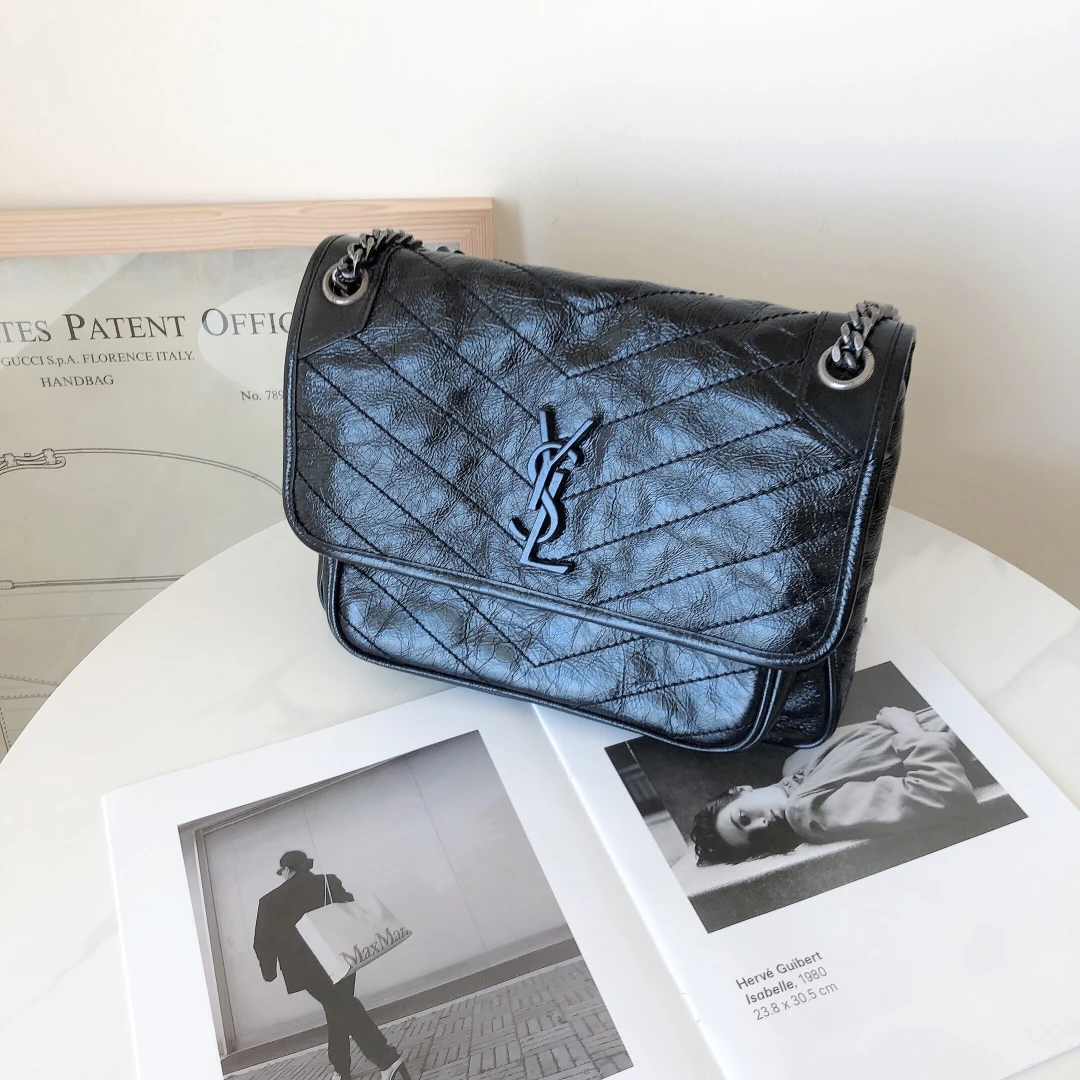 99新 YSL/圣罗兰 YSL niki黑银中号单肩斜挎包/无d扣/严选