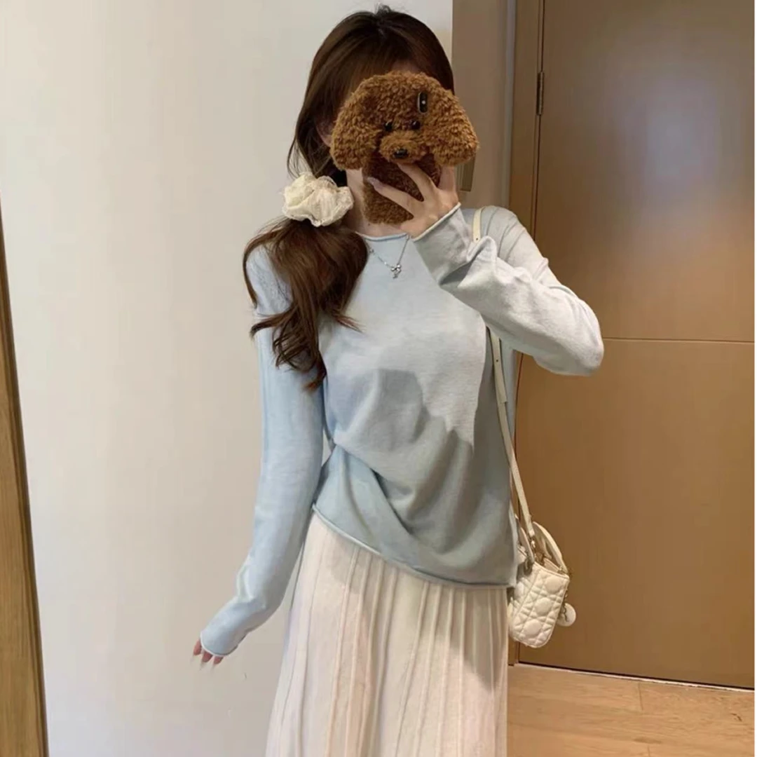 福利--拍下选择编码-秋冬显瘦长袖纯色圆领打底设计感毛衣女套头