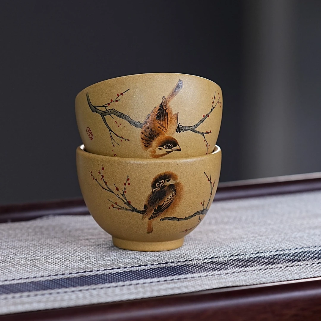 033TM宜兴原矿段泥泥料手工手绘喜上眉梢对杯品茗杯紫砂