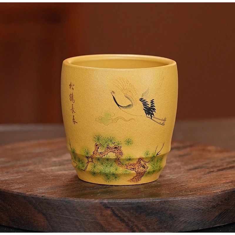 031 TG宜兴原矿本绿手绘松鹤长春紫砂主人杯