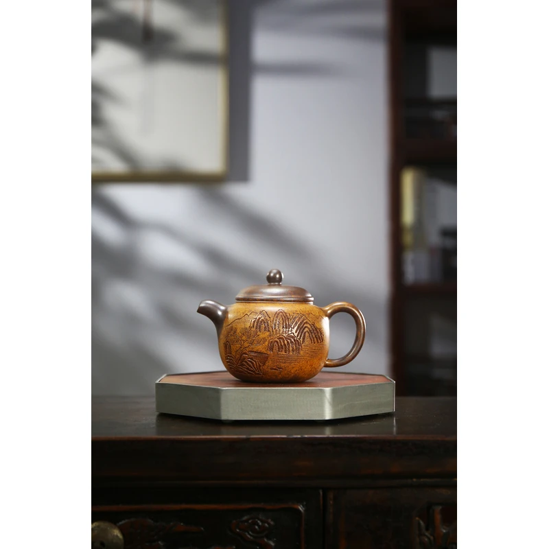 034CH宜兴原矿龙骨金砂柴烧刻绘惠风和畅匏樽紫砂壶