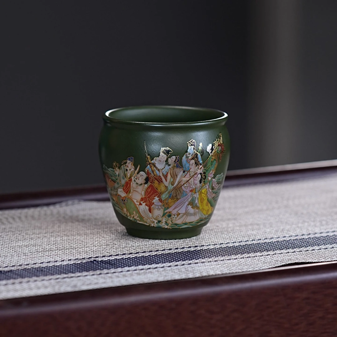 宜兴紫砂茶具 原矿苹果绿泥泥料手绘八仙过海主人杯品茗杯 A911