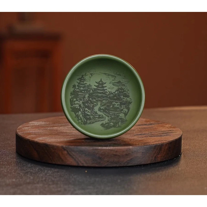 025LY宜兴原矿绿泥普洱杯刻绘二十四节气紫砂主人杯