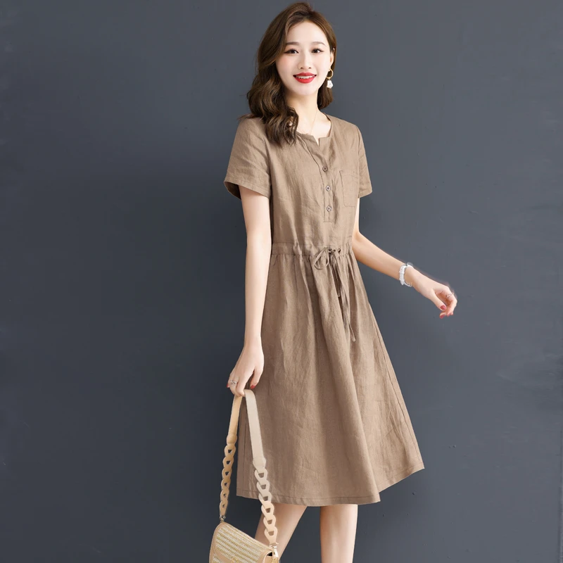 高端棉麻连衣裙女2025新款夏季薄款大码洋气时尚上档次中长款裙子