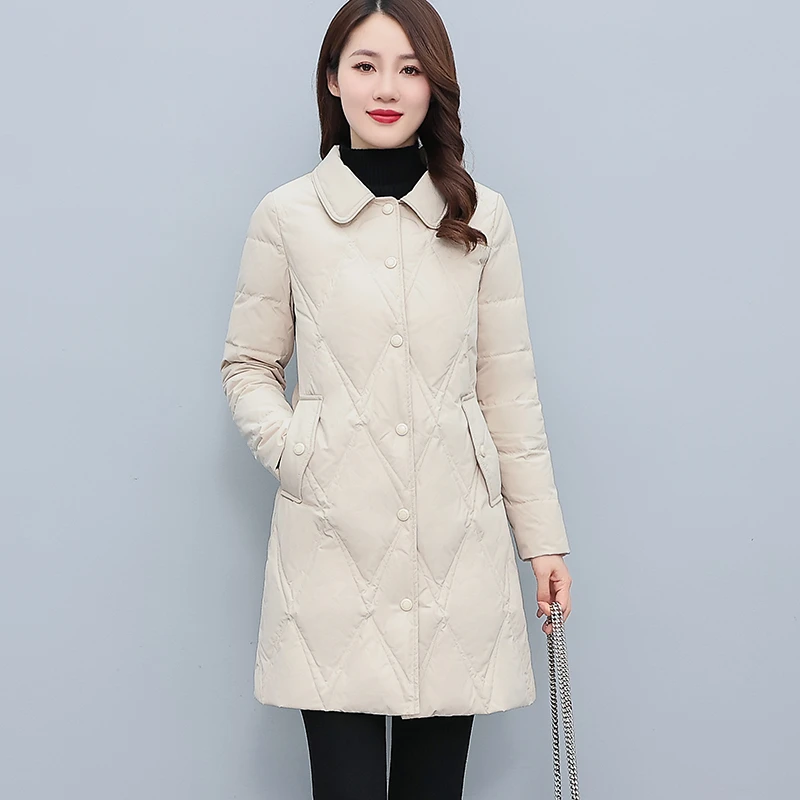 轻薄款羽绒服女中长款冬季新款单排扣菱格修身大气保暖白鸭绒外套