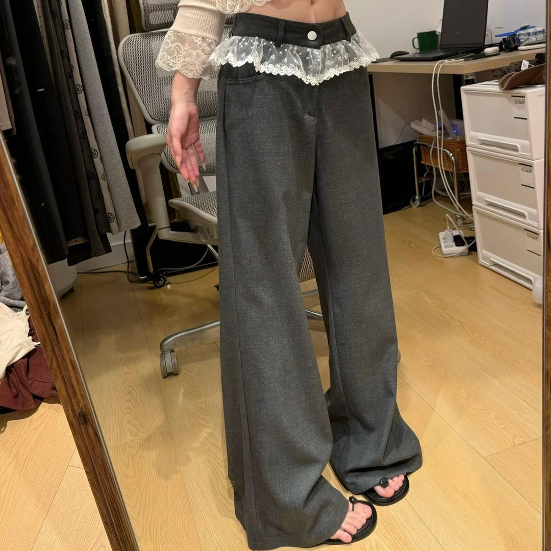 22055蕾丝腰头拼接阔腿裤
