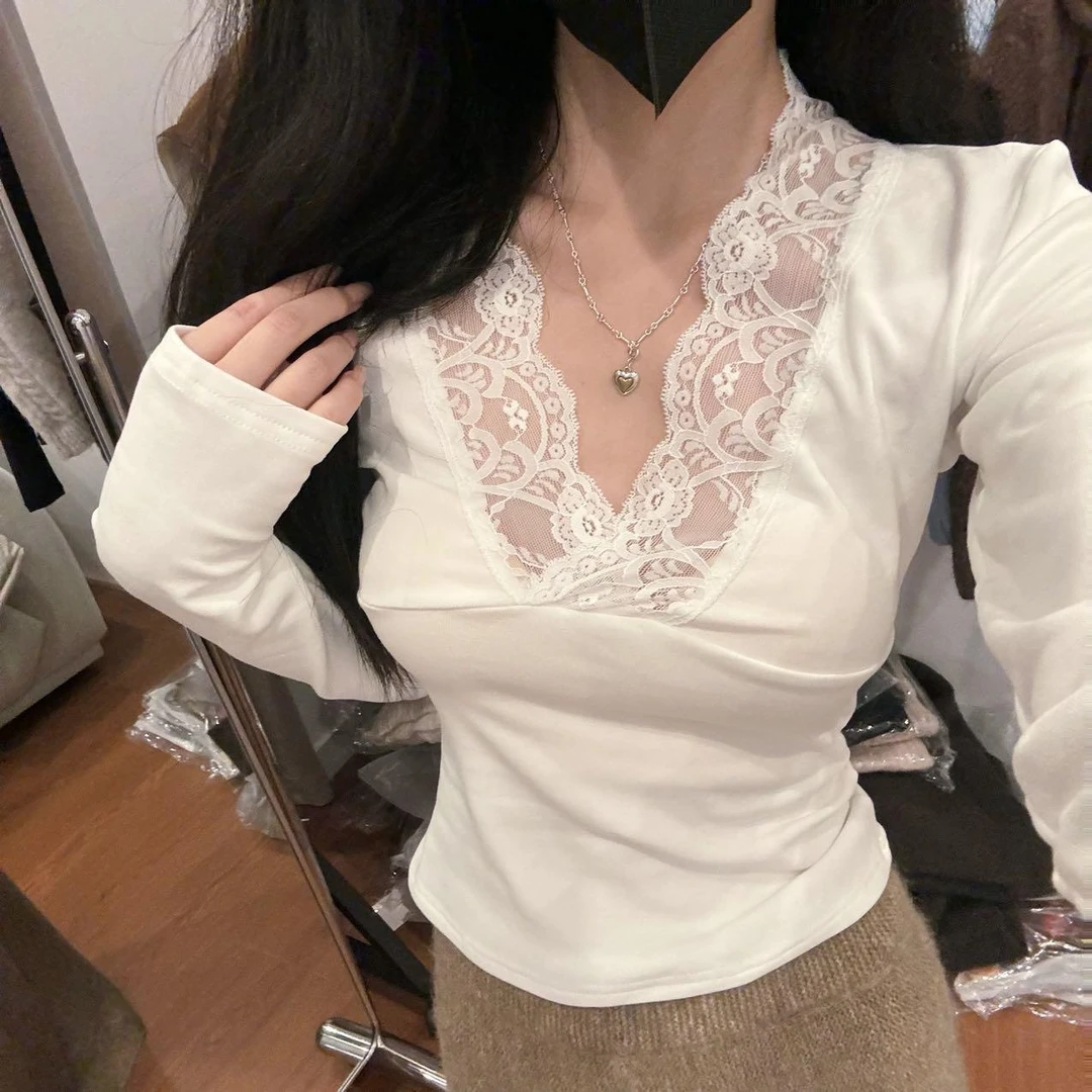 5970-2加绒内搭蕾丝小性感长袖t恤黑色蕾丝内搭