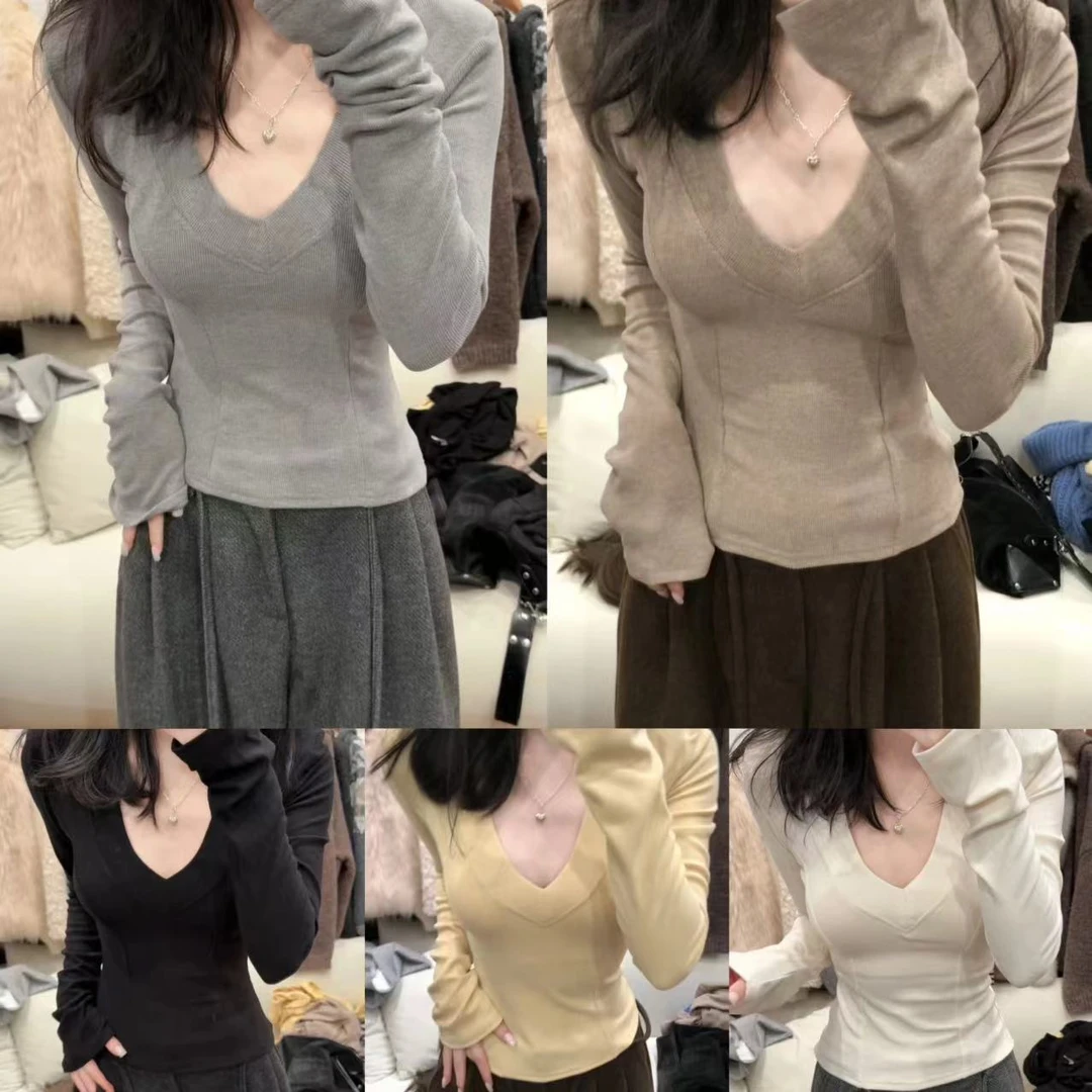 7440极简高级V领打底衫女秋冬修身显瘦内搭长袖上衣