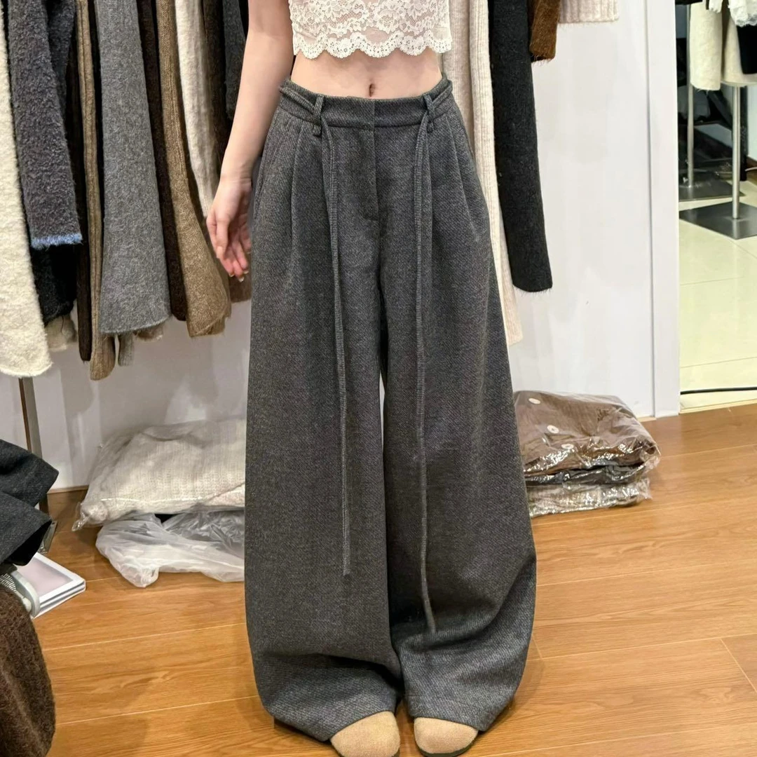 饼饼3090加厚通勤呢子后腰松紧阔腿裤