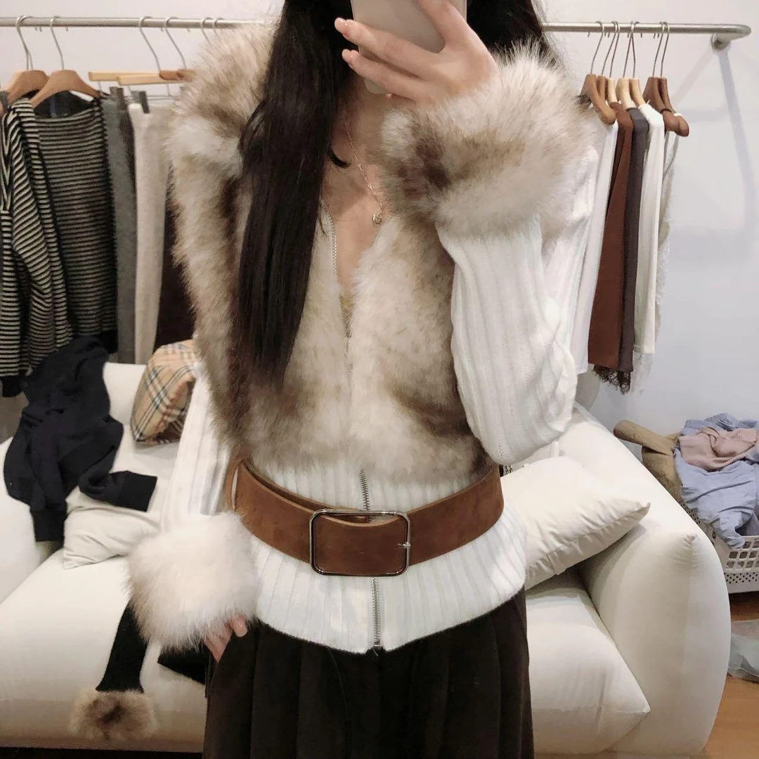 1062拼接环保毛毛翻领针织短外套黑色易粘毛介意勿拍