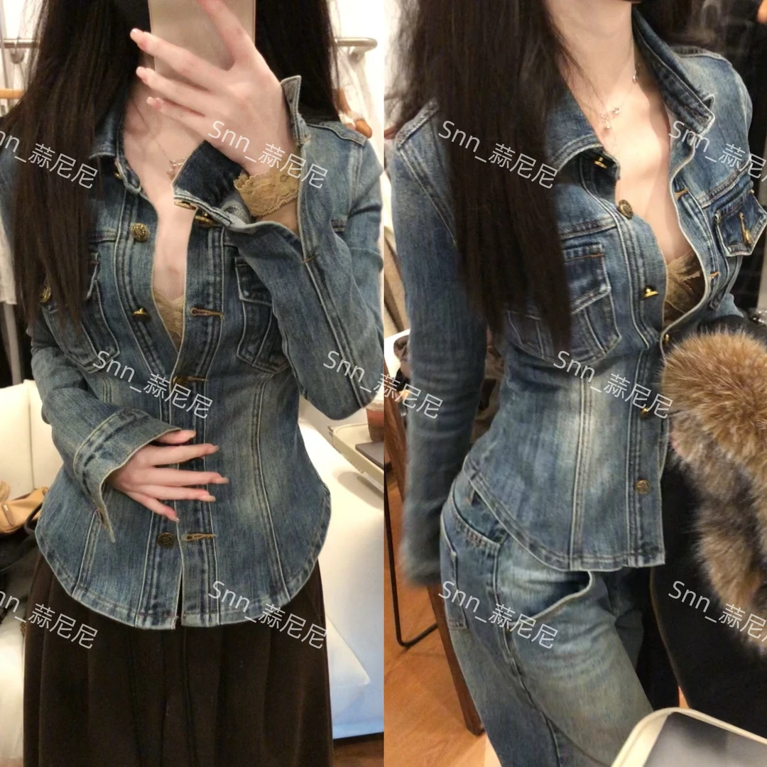 【美娇粉丝专属】2226高含棉牛仔外套衬衣上衣复古美式蓝色气质修身