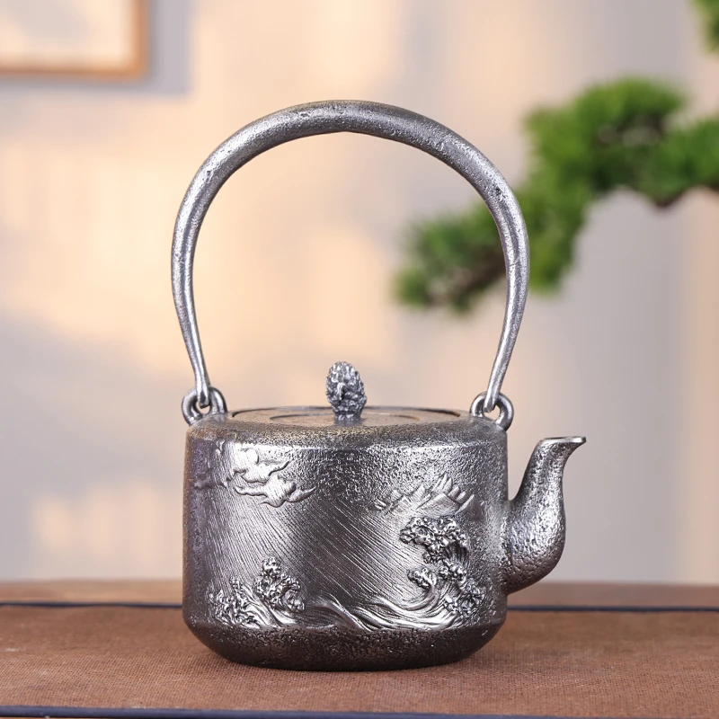 雨宫宗落款砂铁壶纯手工 砂铁海浪纹形  煮水家居铁壶家用