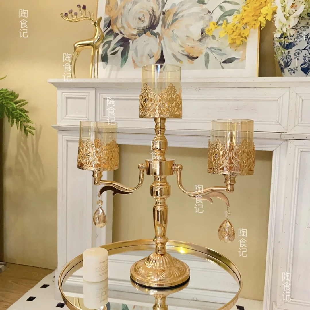 轻奢花边裙摆浪漫烛台三头摆件烛光晚餐摆件