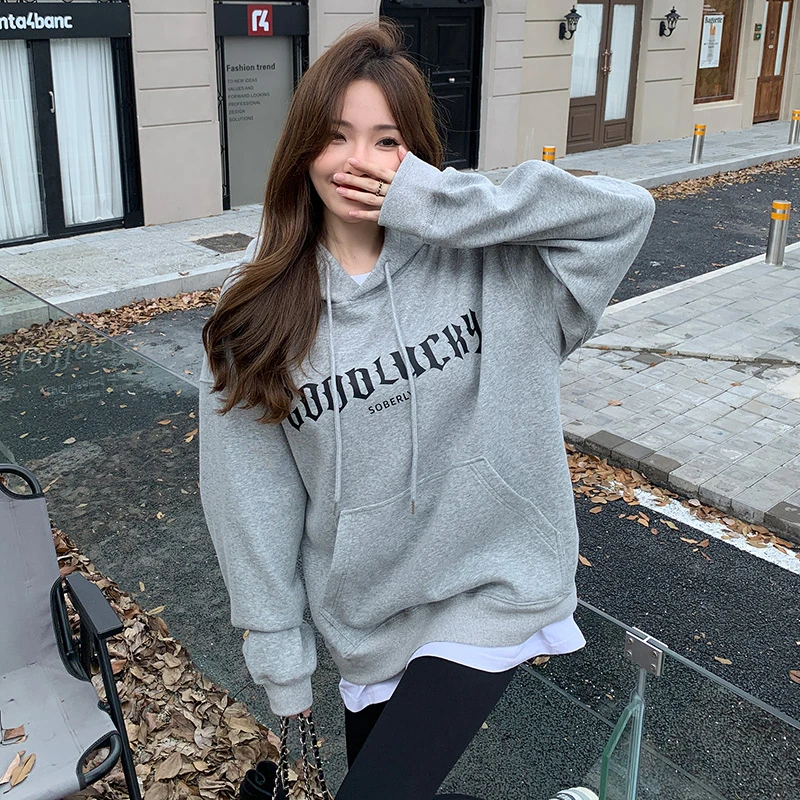 连帽卫衣女春夏季2024新款百搭显瘦oversize外套洋气美式灰色上衣