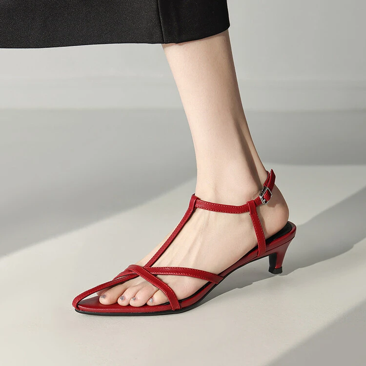 十字带法式凉鞋2025夏季新款真皮露趾低跟罗马尖头高跟鞋凉鞋