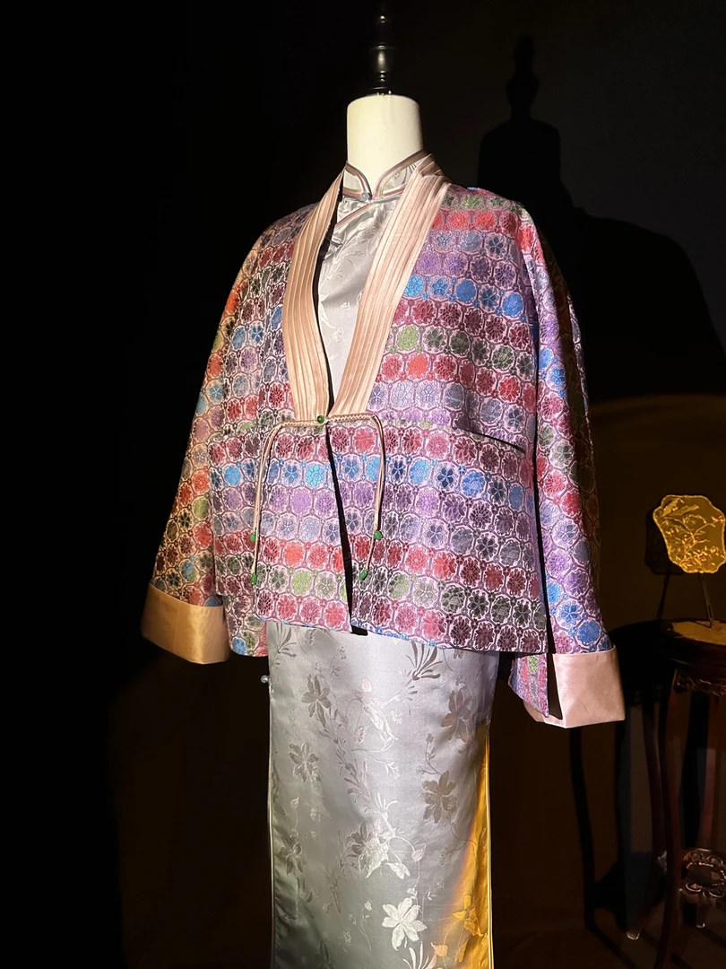 微澜之间满分桑蚕丝汉服领宋锦外套拼接素绉缎