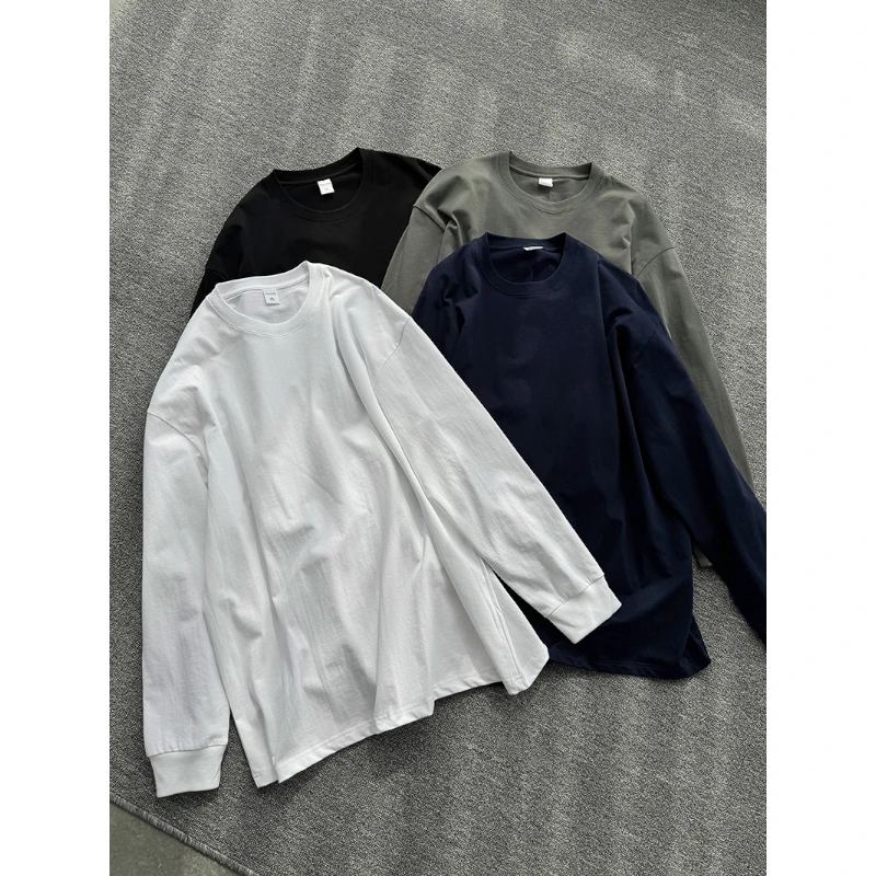 260G精梳双纱T恤宽松圆领打底衫男女同款休闲长袖纯棉体恤纯棉