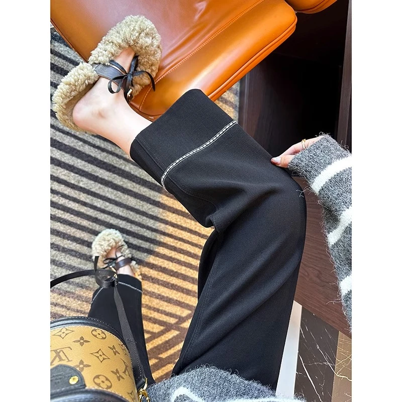 黑色高腰加绒牛仔裤女冬季新款弹力九分宽松阔腿阔腿裤显瘦直筒裤