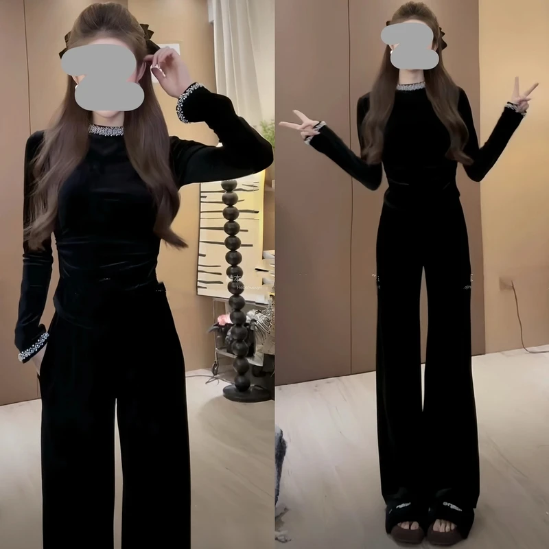 秋冬减龄重工花边拼接显瘦气质丝绒上衣加绒加厚直筒休闲裤套装女