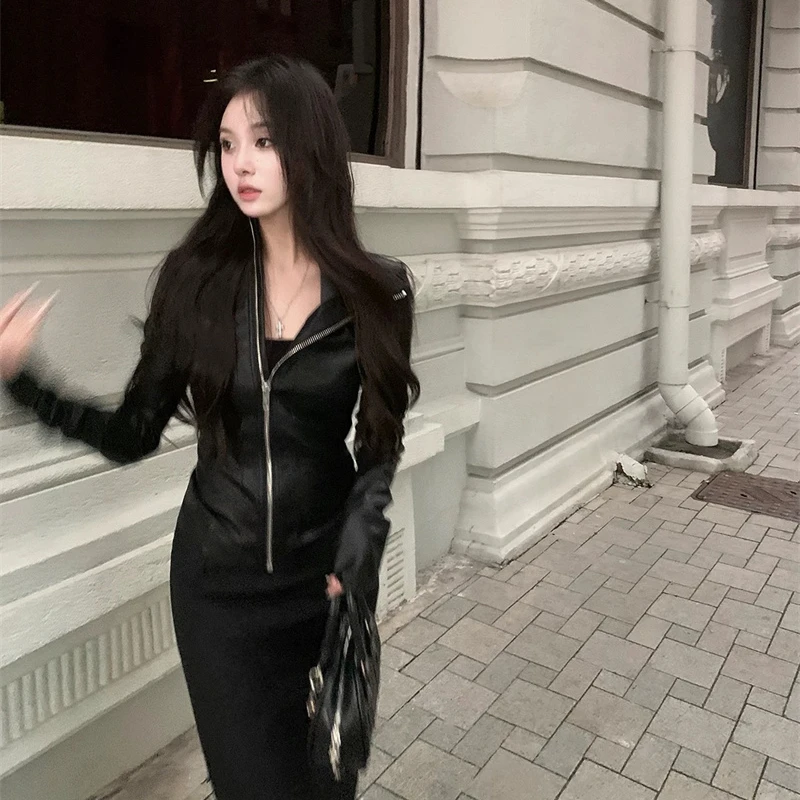 黑色修身拉链弹力百搭显瘦PU皮衣外套上衣女