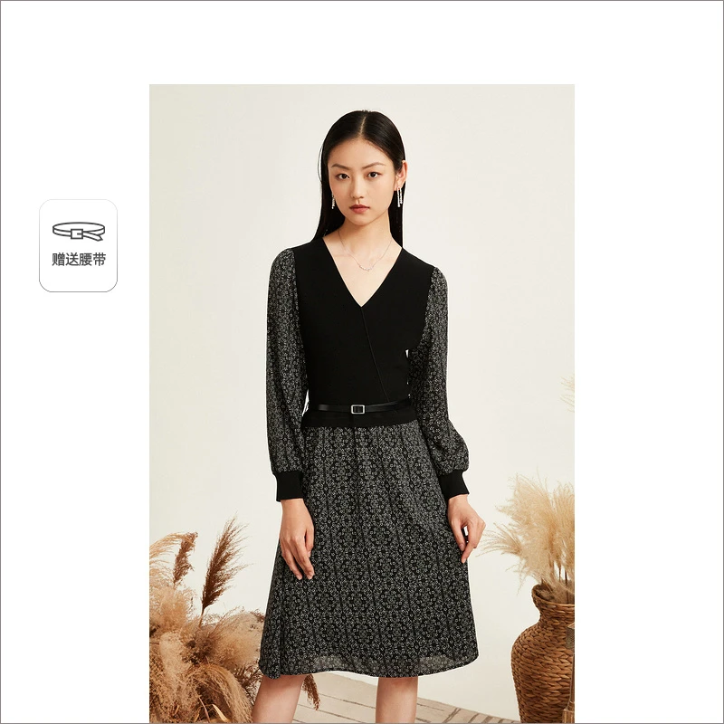 YINER音儿女装秋季新款法式拼接收腰提花连衣裙8C62306676