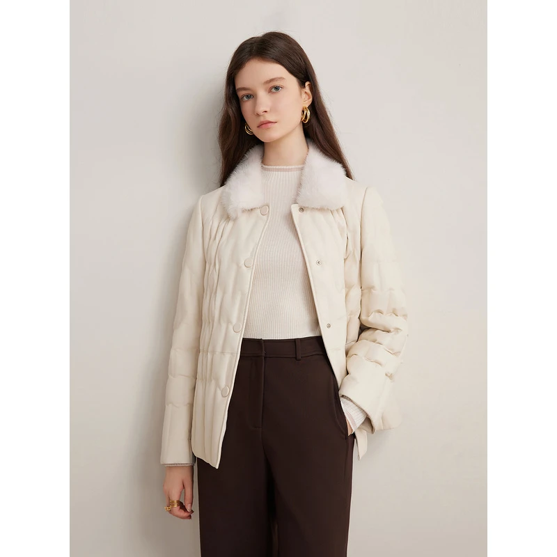 Goodland美地女装2024冬季新款水貂毛领真皮皮衣羽绒服LC34509020