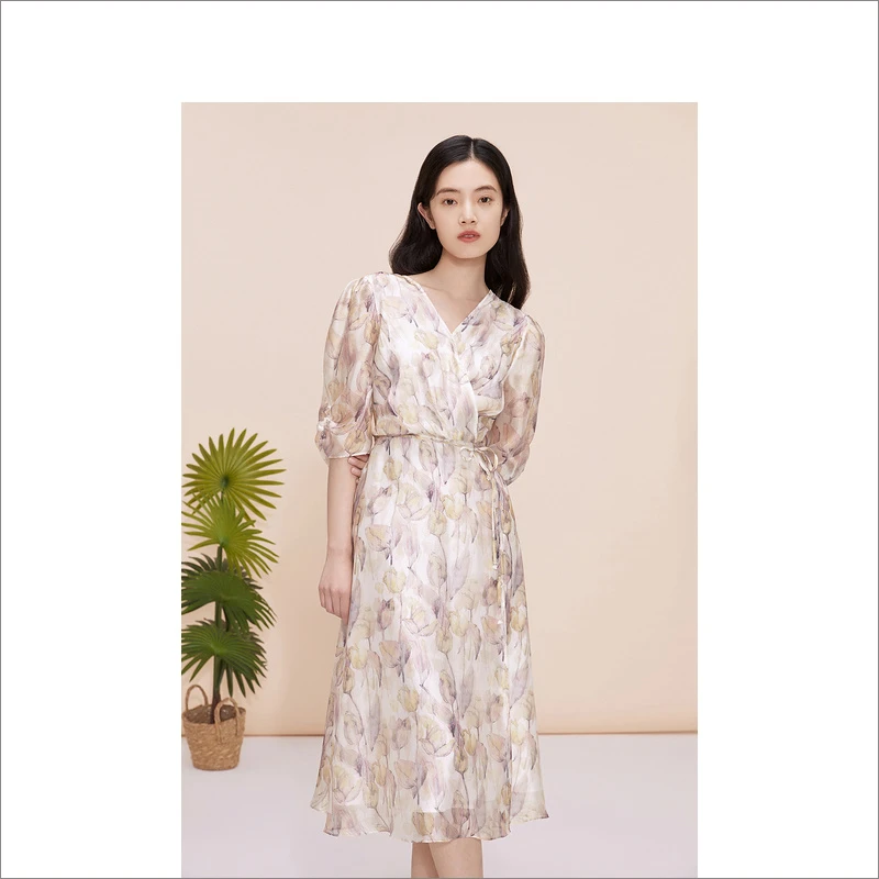 音儿夏季新款轻奢莫奈花园V领系带连衣裙8C63205386