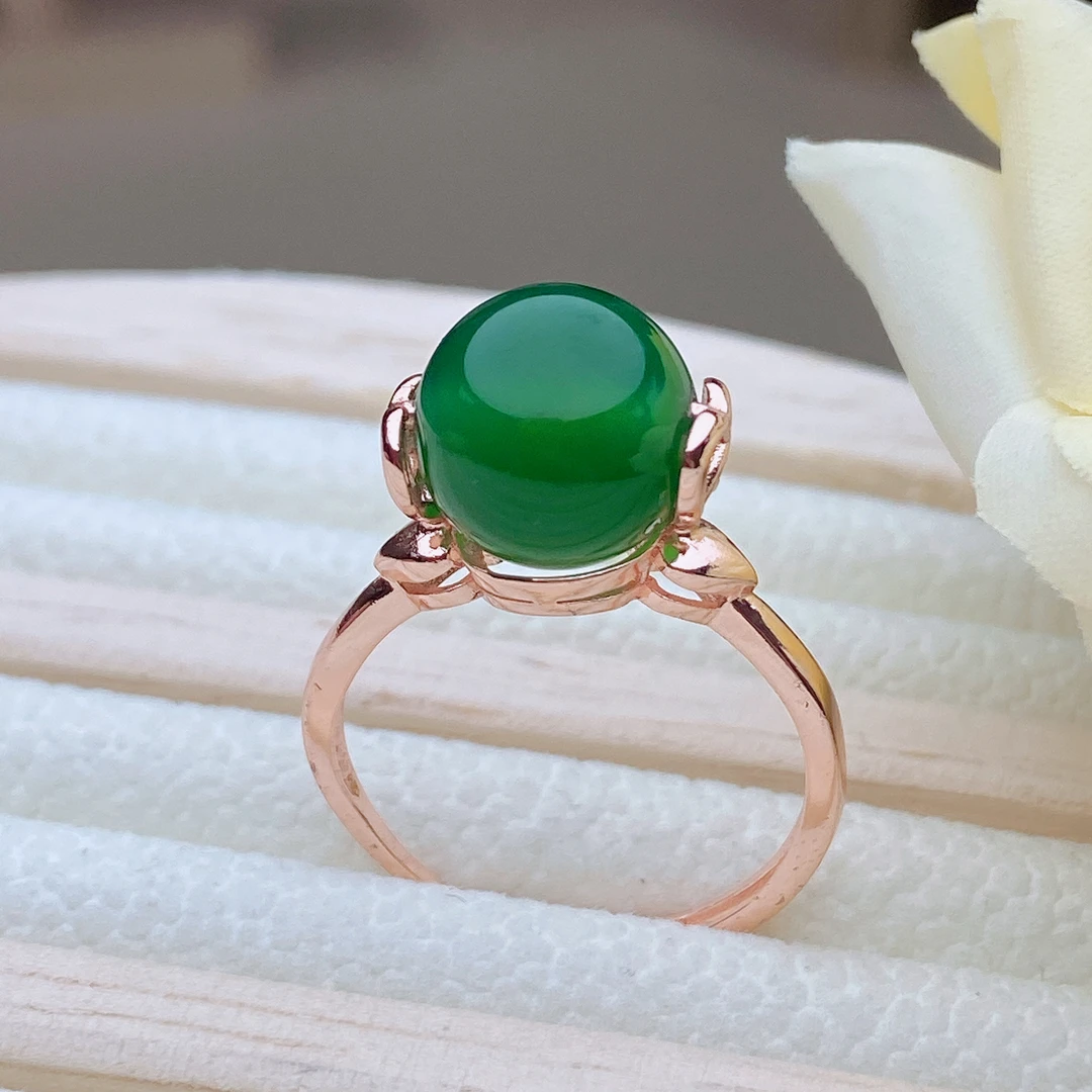 天然冰透绿玉髓女士戒指小圆珠设计可转动款时尚百搭休闲戒圈 F75