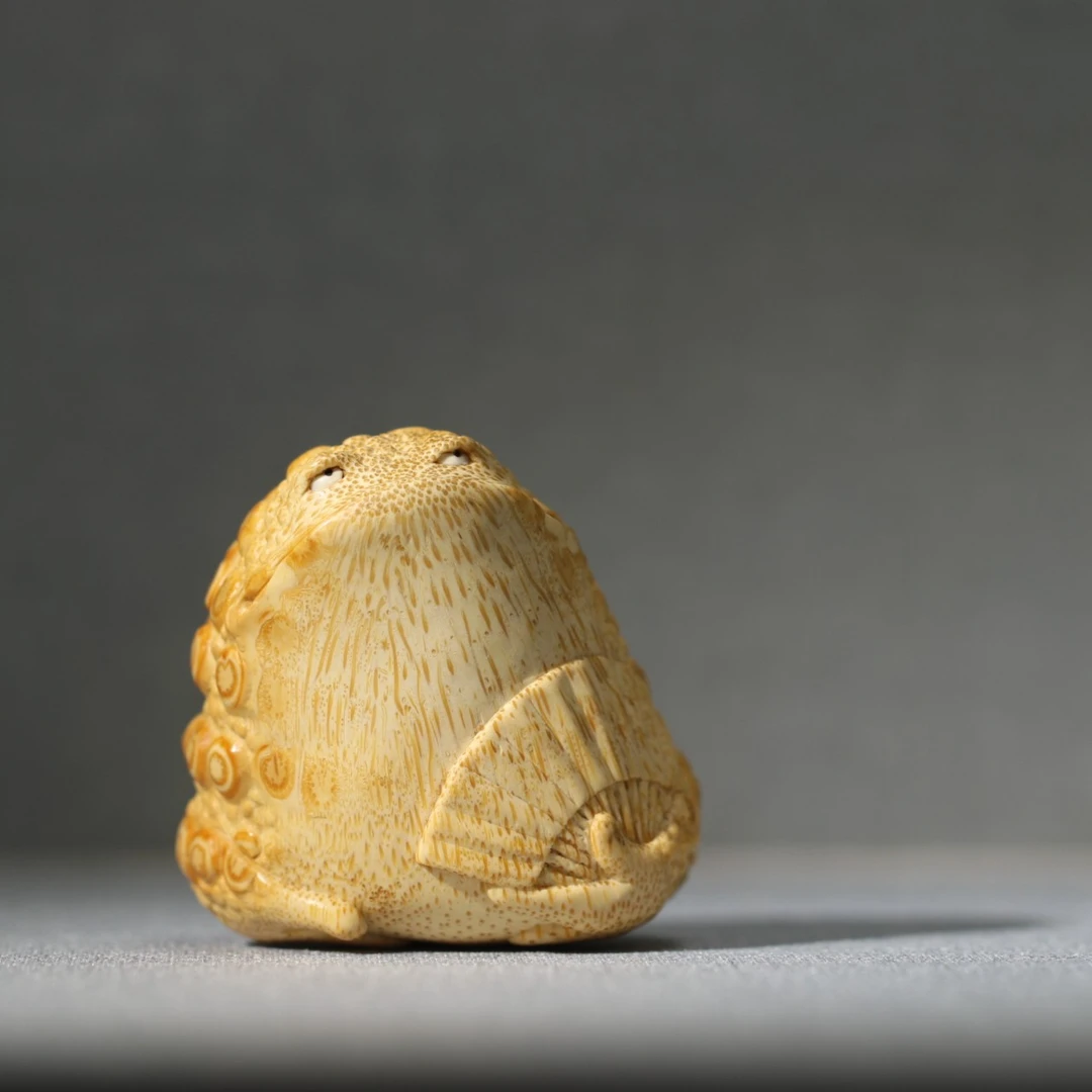 扇子蟾竹根雕方颜原创纯手工手把件蟾蜍文玩金蟾