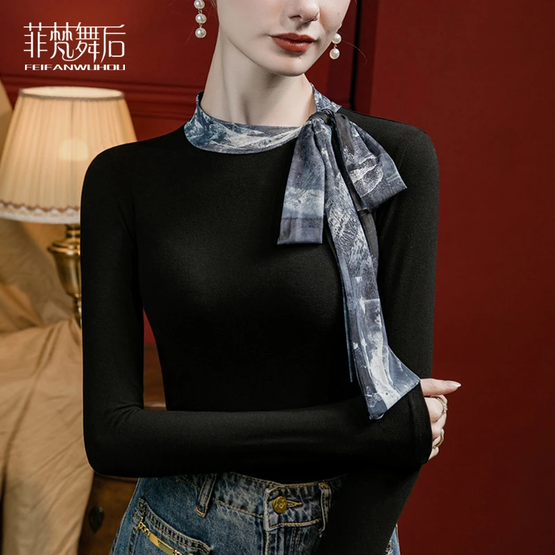 菲梵舞后现代舞蹈服练功服上衣印花拼接围巾领绑带磨毛打底衫长袖