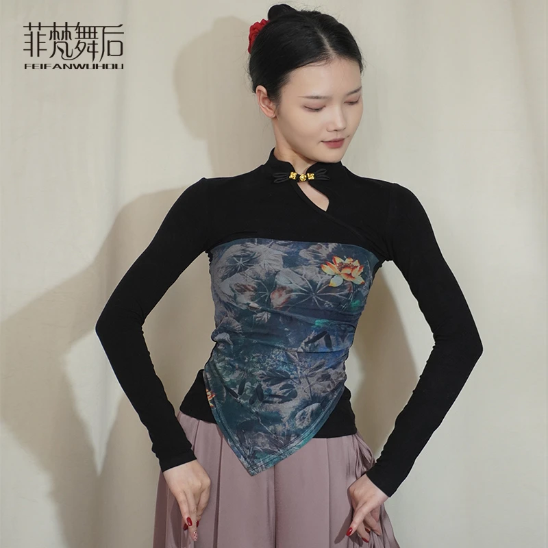 菲梵舞后古典舞蹈服装女上衣中国风改良旗袍长袖现代舞形体练功服