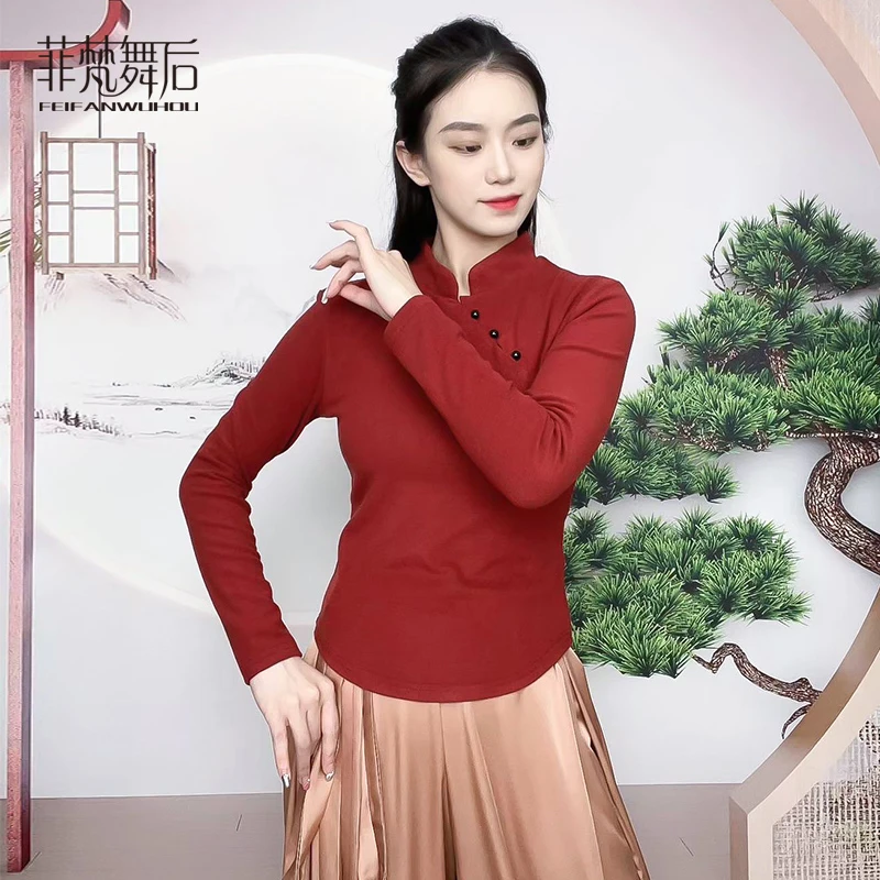 菲梵舞后2023新款秋冬舞蹈服练功服灯芯绒旗袍领现代古典舞上衣女