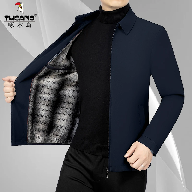 啄木鸟秋冬新款男士保暖翻领加绒夹克中年加厚休闲商务外套男装