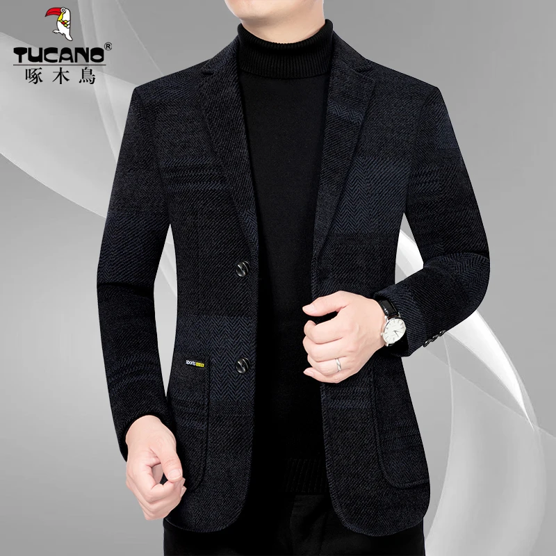 啄木鸟西服秋冬男士高档休闲西服外套中年加厚保暖修身韩版男西装