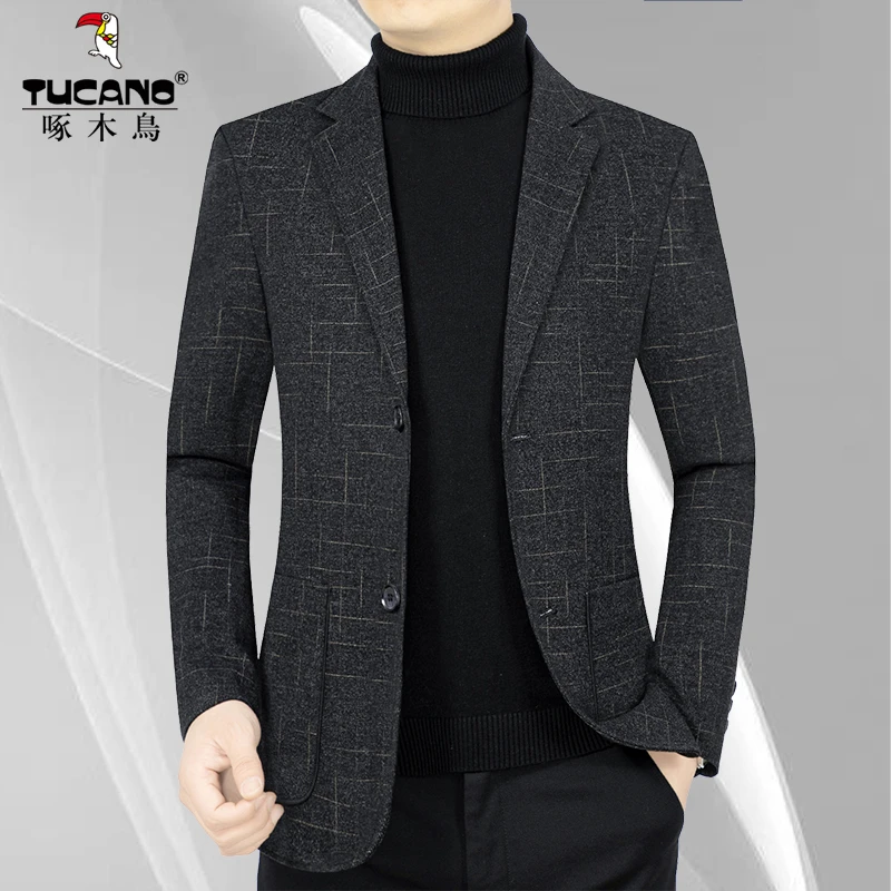 啄木鸟休闲西装外套男毛呢中青年休闲加厚男士小西服秋冬新款帅气