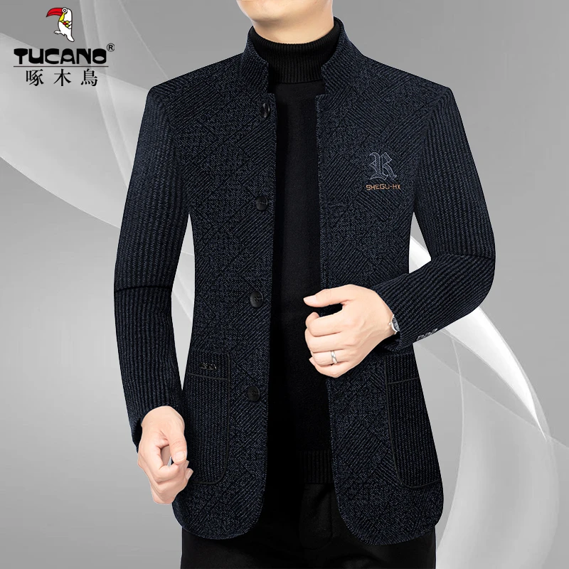 啄木鸟秋冬新款男士休闲立领夹克外套中年加厚毛呢韩版上衣服男装