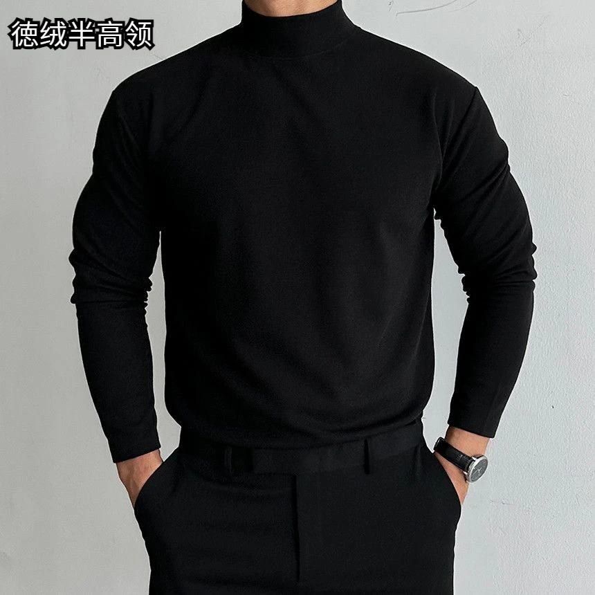 纯色德绒打底保暖秋冬季修身上衣半高领毛衣加绒加厚男士长袖tT恤
