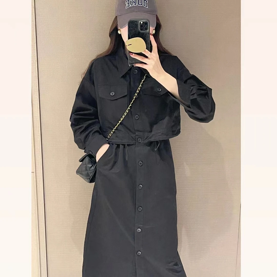 现货显瘦设计感连衣裙 百搭气质抽绳收腰