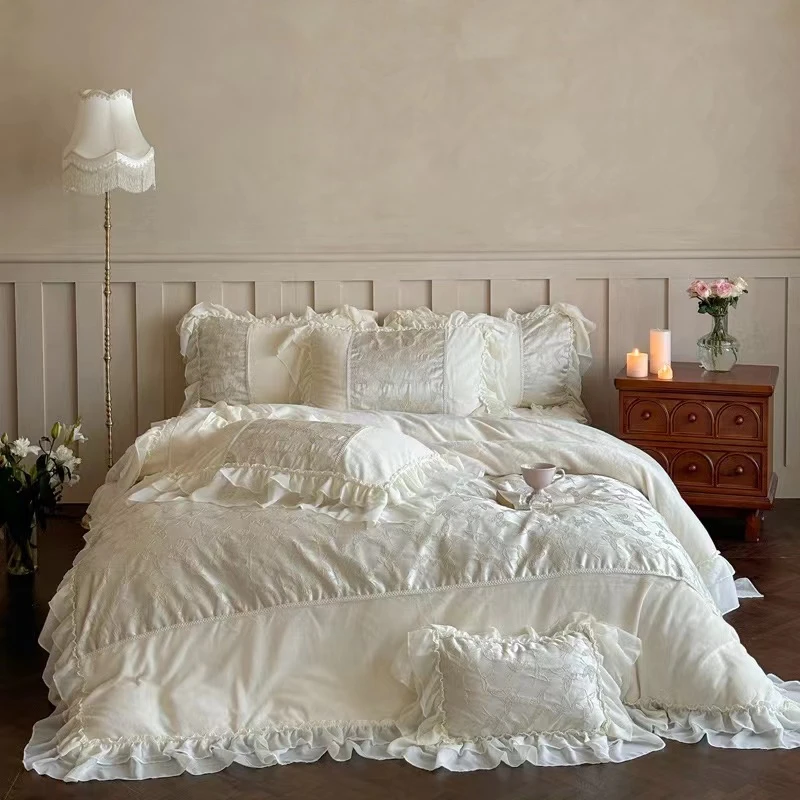 【泽眠·家】 梦幻系列高克重全消光牛奶绒法式公主风花边工艺款套件