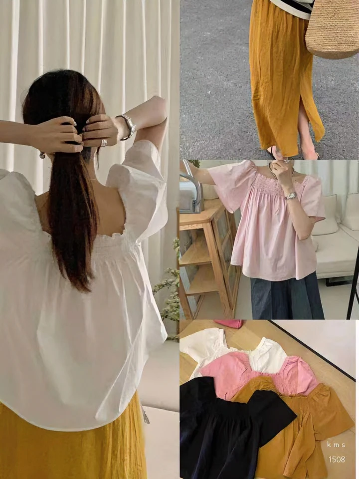 洋洋家新款时尚泡泡袖衬衫半身裙短袖甜美方领韩版